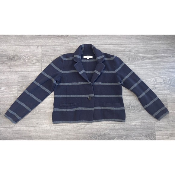 Ann Taylor LOFT Cardigan Sweater Womens L Blue Gray Striped Button Front Pockets - Picture 1 of 6